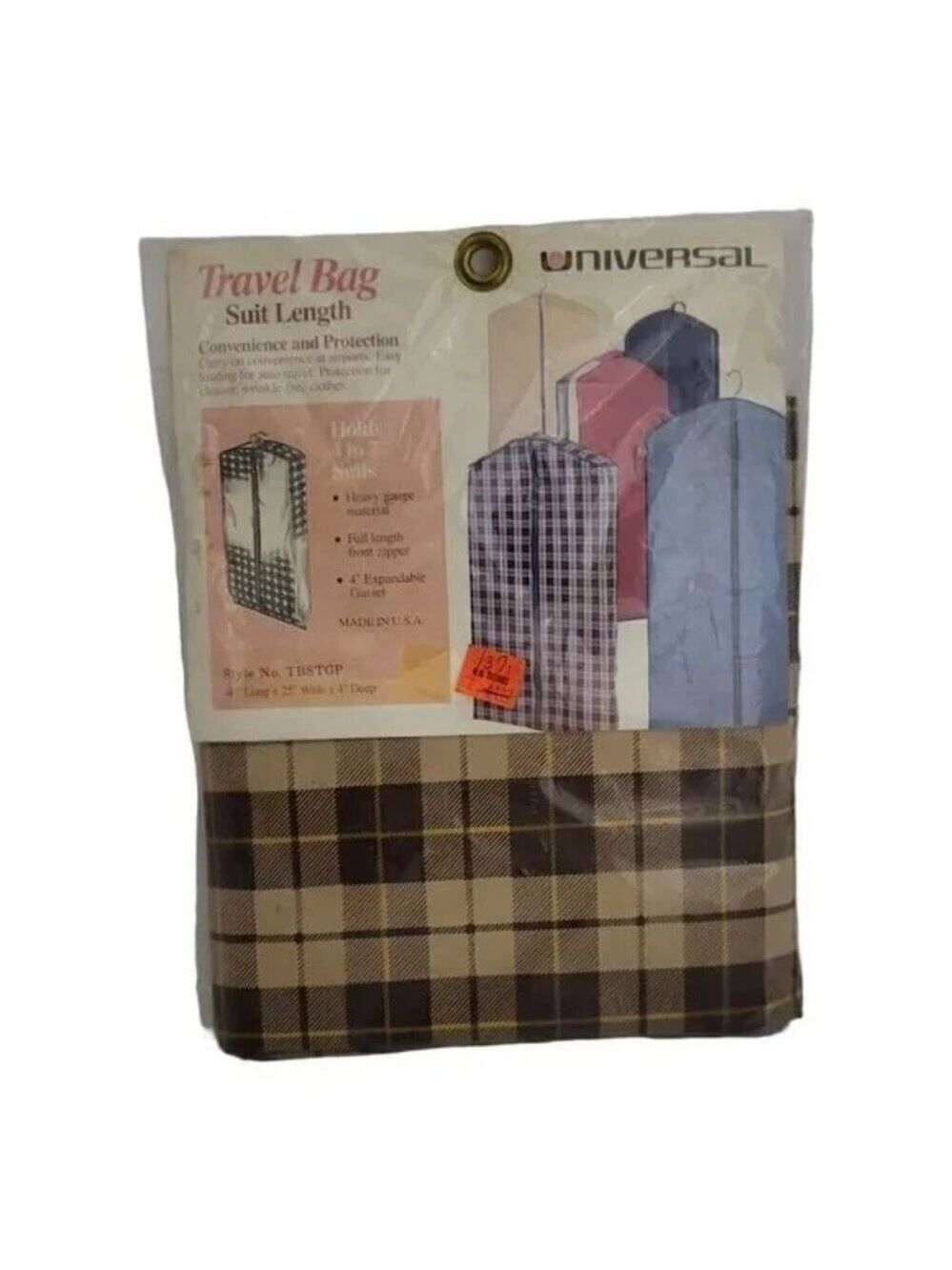 Universal Clothing Suit Travel Bag 40"x25" Brown Plaid
